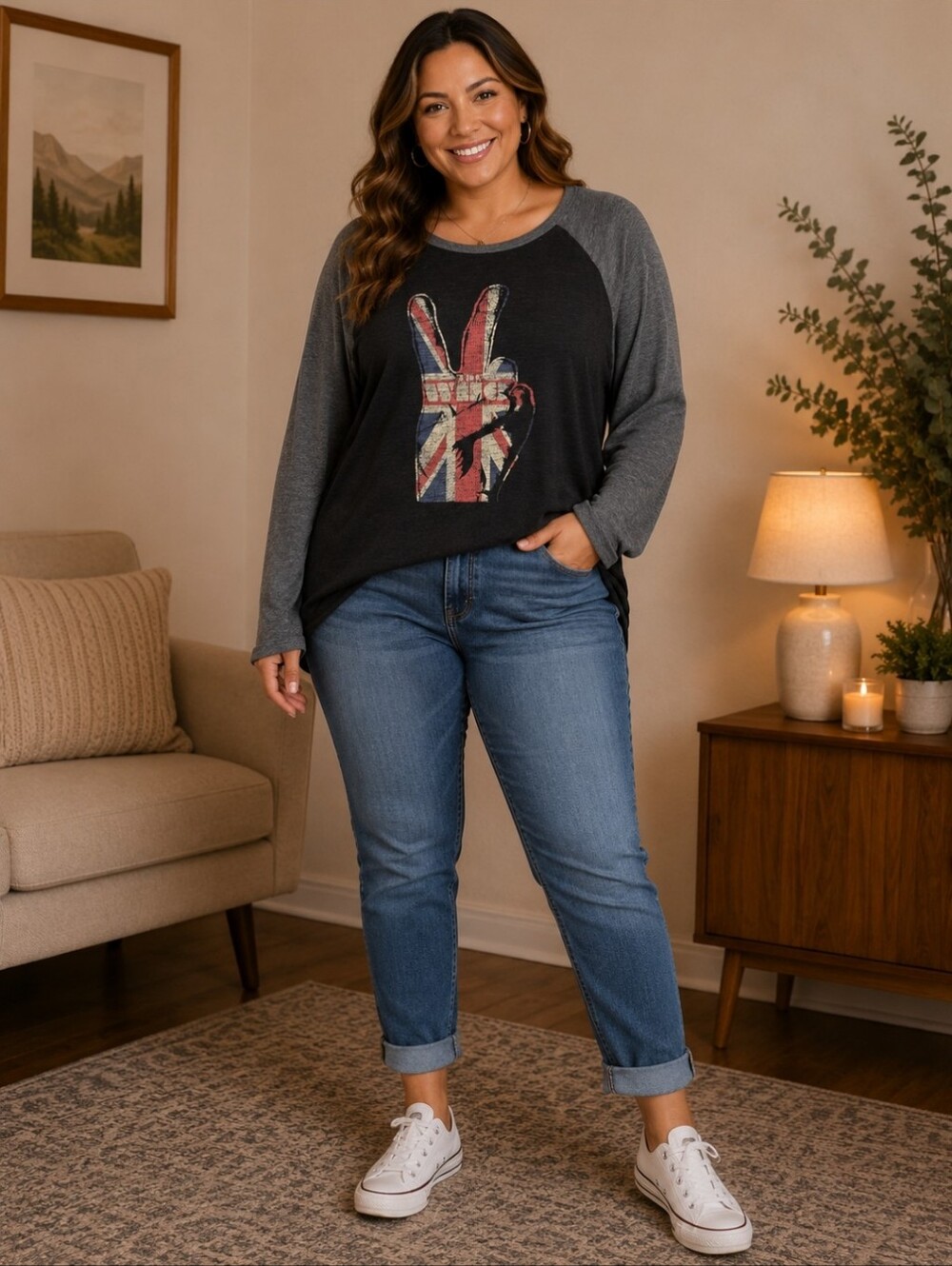 Lucky Brand Women’s Black & Gray Graphic Longsleeve Jersy Tee